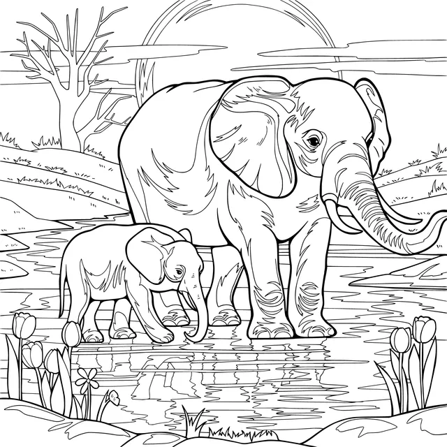 Mother - elephant and Baby - elephant by the River