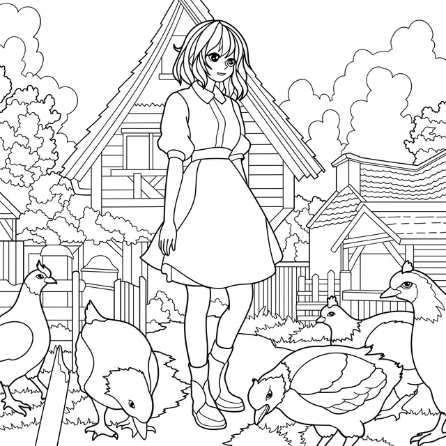 Girl feeding chickens beside a farmhouse
