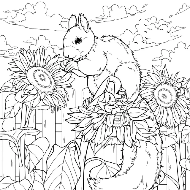 Squirrel and Sunflowers