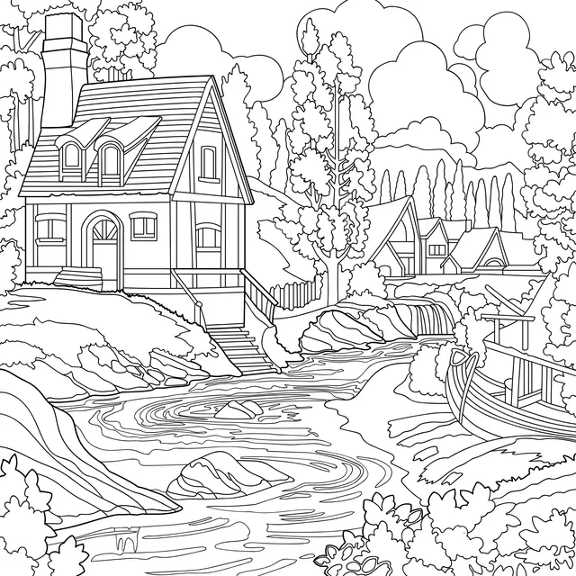 Scenery of Wooden Houses by the River
