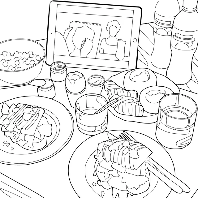 A hearty meal and a painting class on the screen