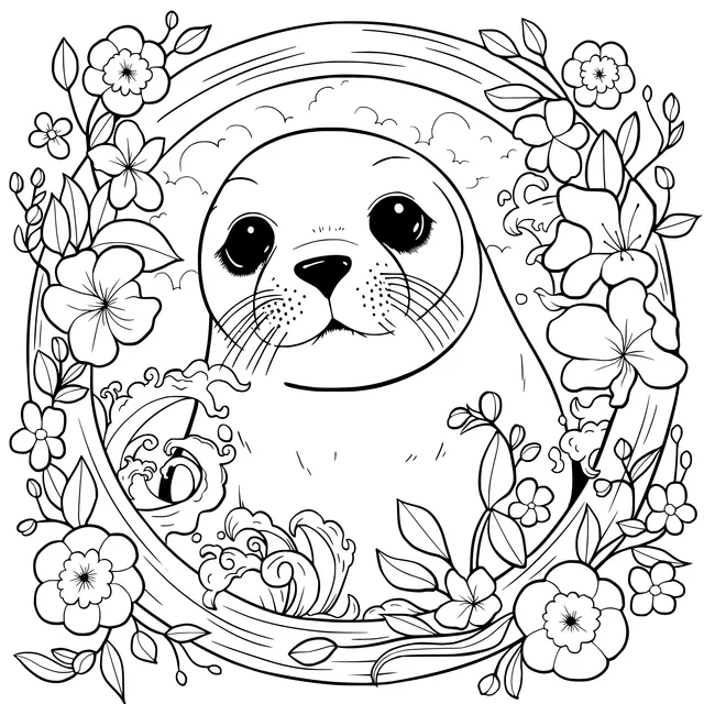 Cute Seal Surrounded by Flowers