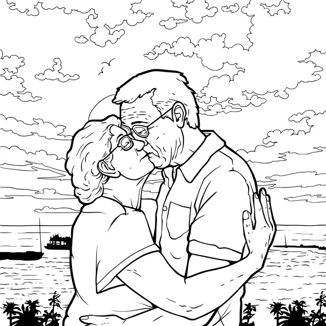An Elderly Couple's Kiss at Sunset