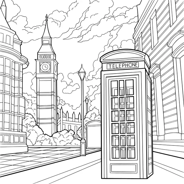 London Street Scene with a Red Telephone Booth