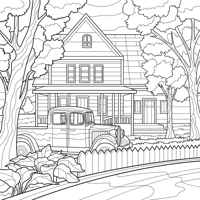 Pink House with a Blue Vintage Car