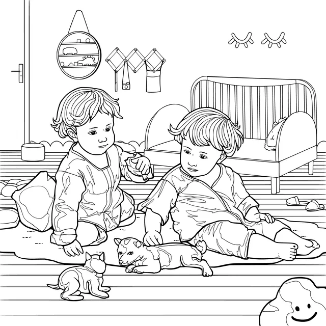 Twin babies playing with pets in the room