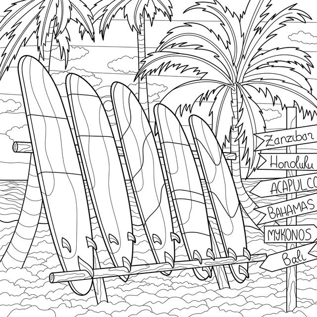 Colorful Surfboards and Travel Signposts on the Beach