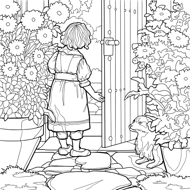 A girl and a dog at the door