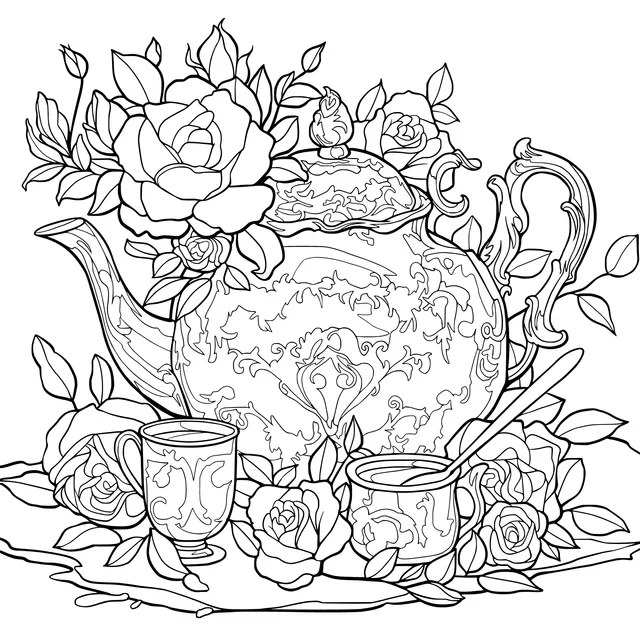 Teapot and Teacups Decorated with Flowers