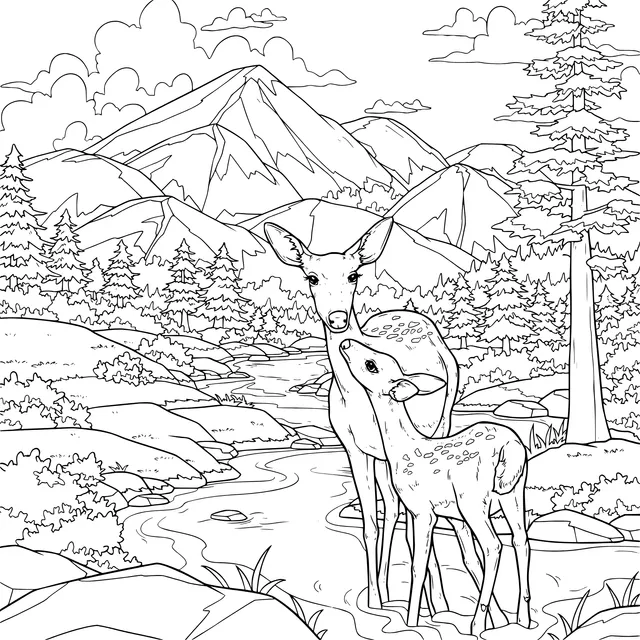 Mother - deer and fawn by the stream