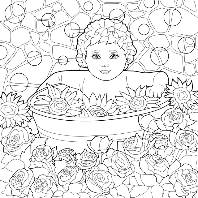 Baby bathing among flowers