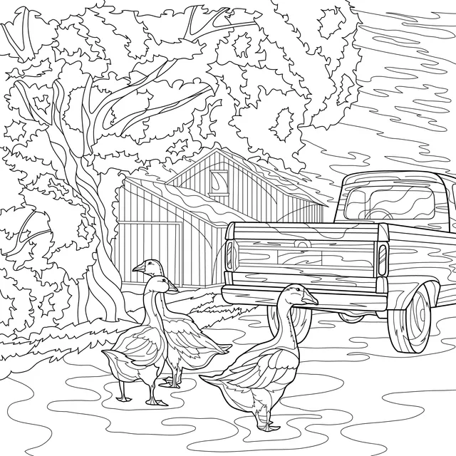 Geese and a Red Truck beside a Farmhouse