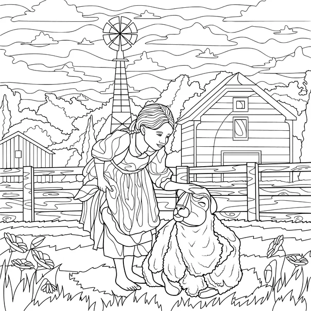 A girl tenderly petting a sheep in a warm - hearted farm scene