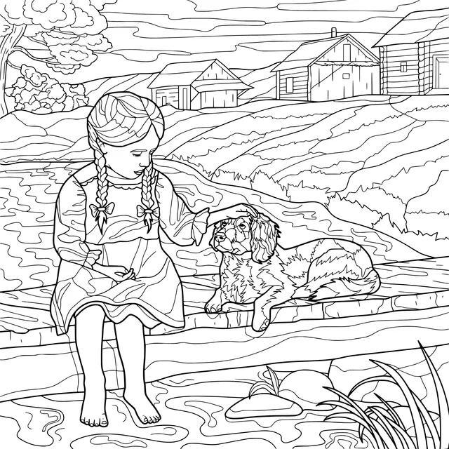 A girl's cozy time with a puppy by the stream