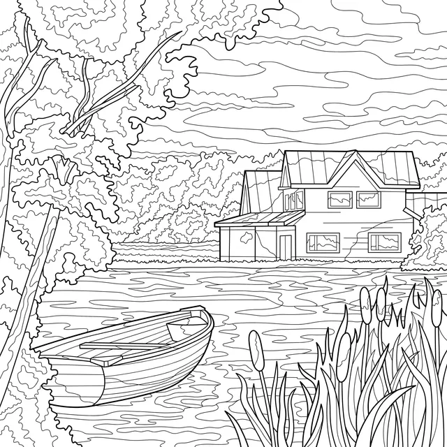 Cottage by the Lake and Wooden Boat