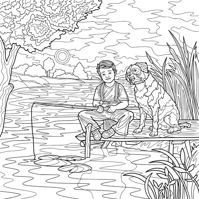 Boy and dog fishing by the lake
