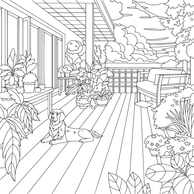 A Cozy Terrace and a Dog under the Sunset