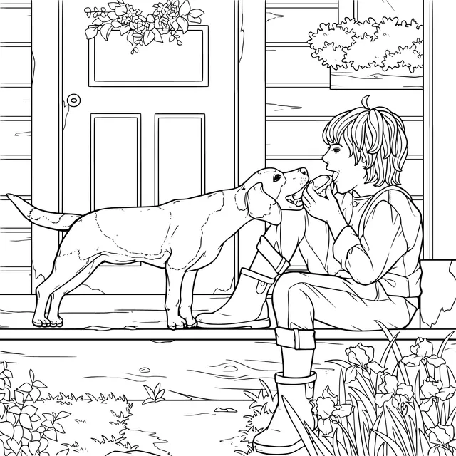 Boy sharing food with dog in front of the door