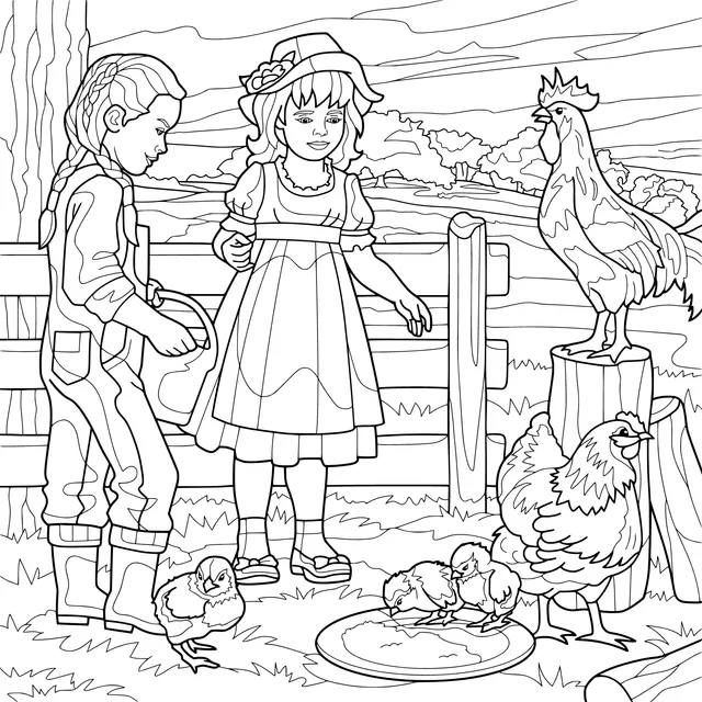 Girls and Chickens on the Farm