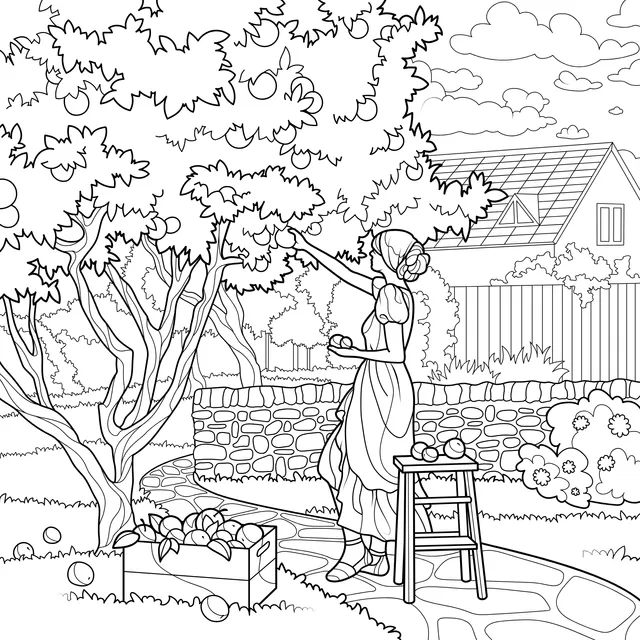 A woman picking fruits in the yard