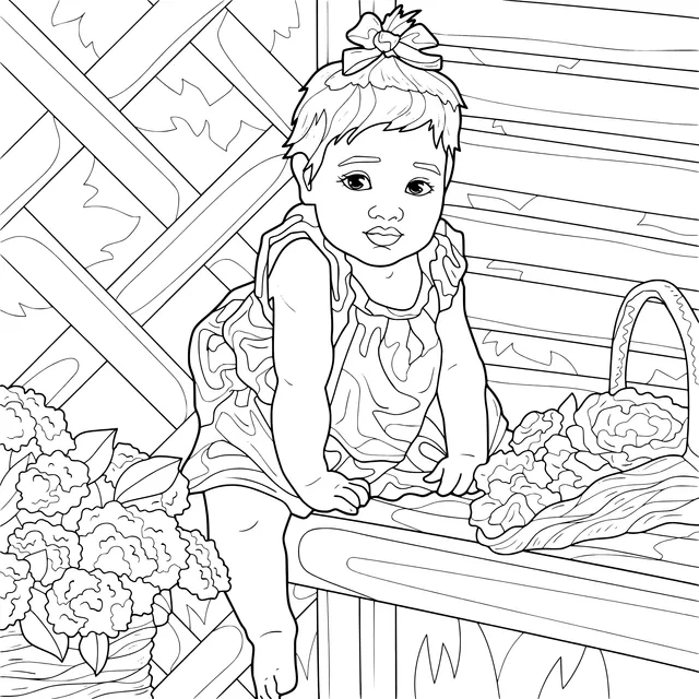Little girl sitting beside the flowers