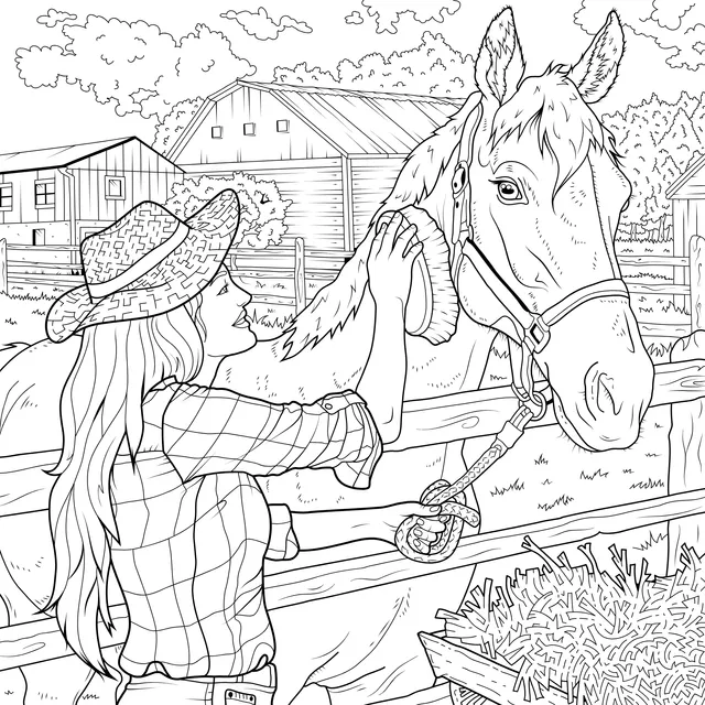 Woman grooming a horse on the farm