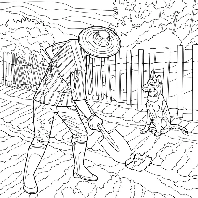 Farmer and dog working in the farmland