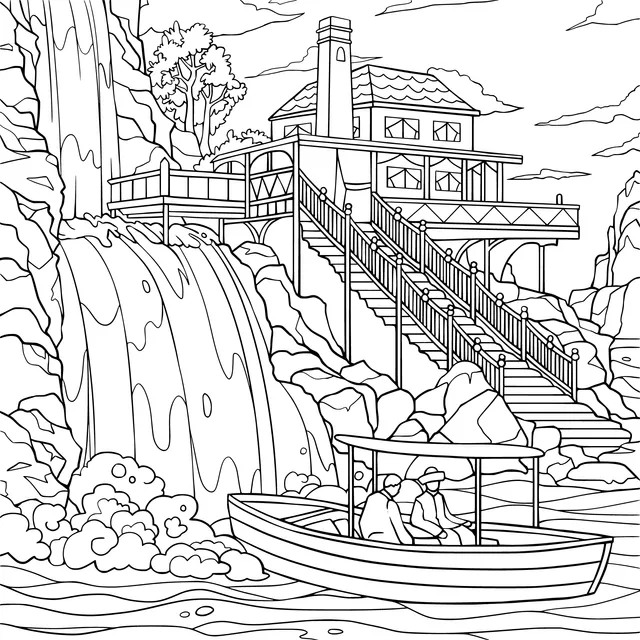 Cottage and Boat by the Waterfall