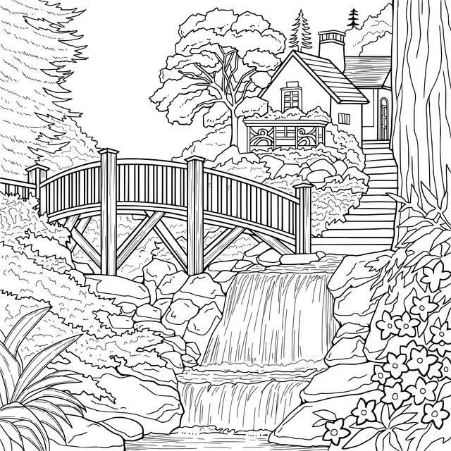 Wooden Bridge and Cottage by the Stream