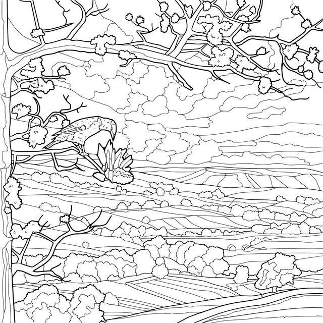 Bird on a Flower - laden Branch and Pastoral Scenery