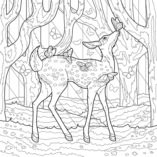 A fawn accompanied by butterflies in the forest