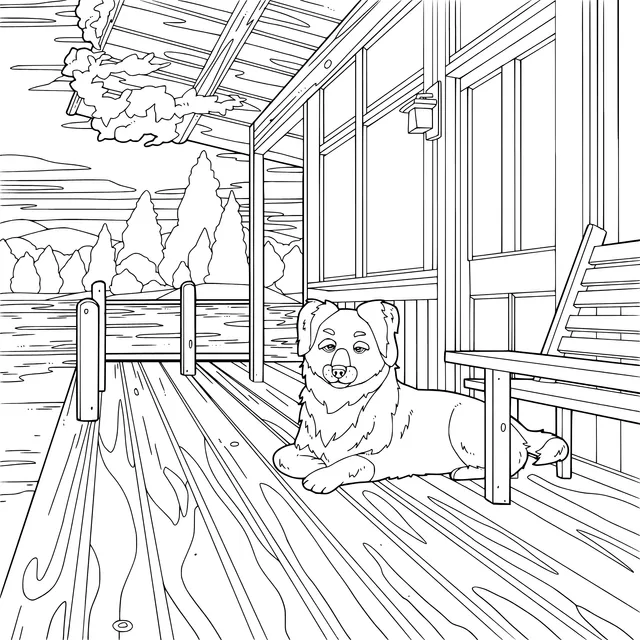 A Relaxing Dog in Front of a Lakeside Cabin