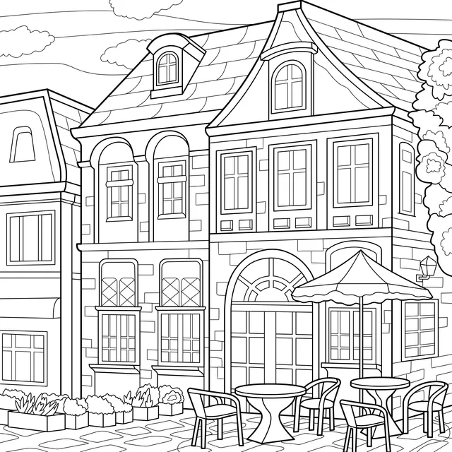 European - style building and outdoor leisure area on the street
