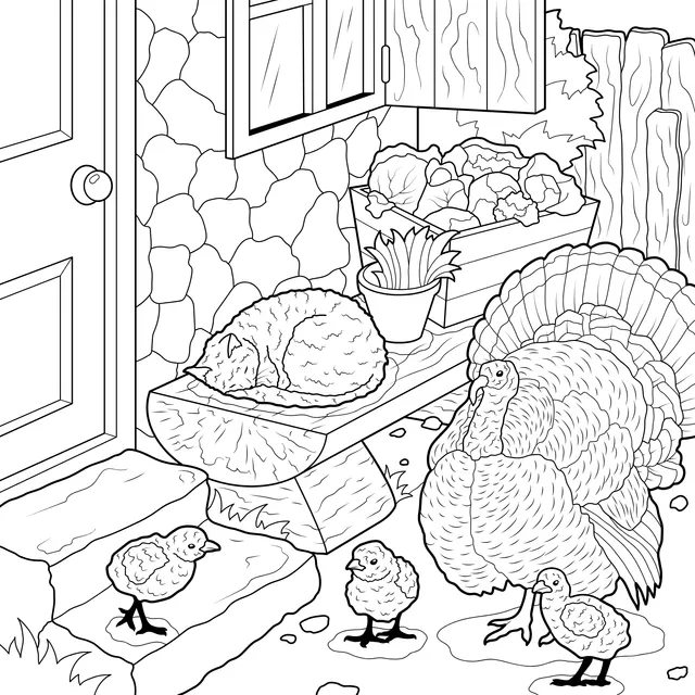 Poultry and Cat in Front of the Door