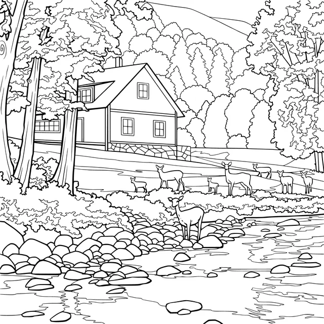 Log Cabin and Deer by the Stream