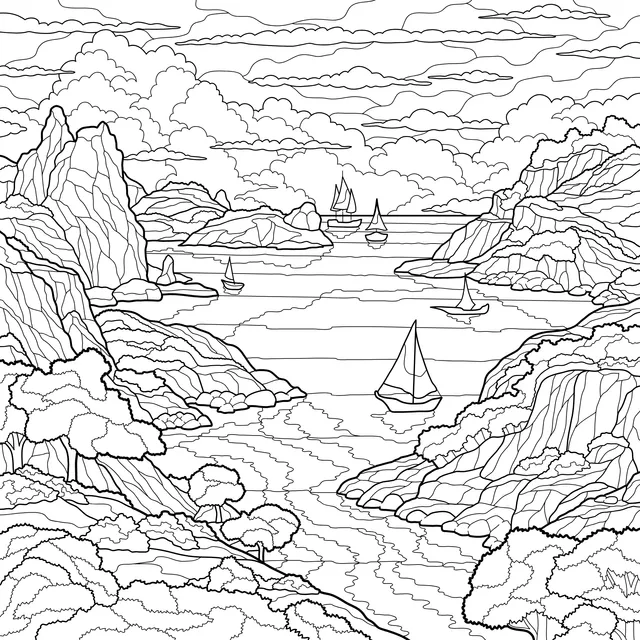 Beautiful Scenery of Mountains and Sea with Sailing Boats