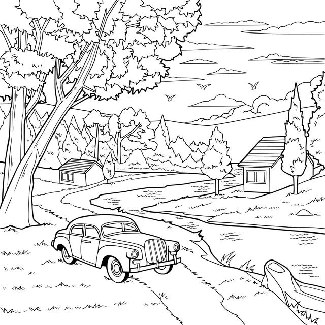 Autumn rural scenery and car