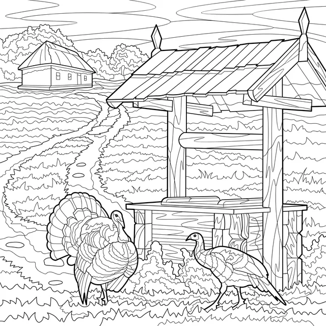 Farm Landscape with Turkeys