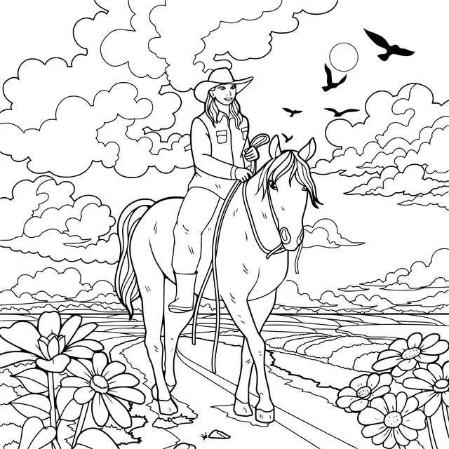 Woman riding a horse through a flower - filled field