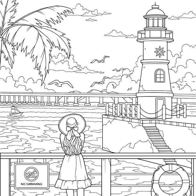 Girl and Lighthouse by the Sea