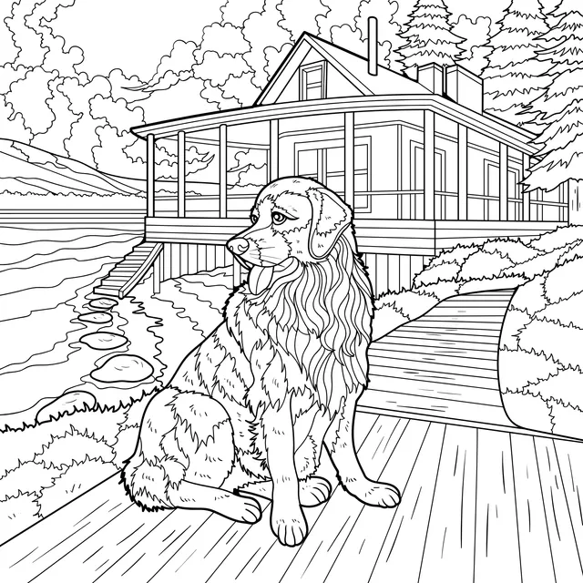 Golden Retriever by the Lakeside Cabin