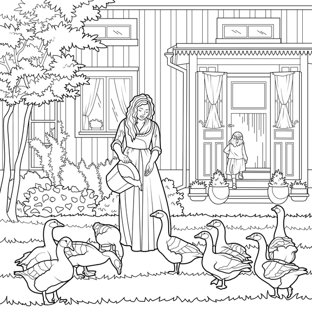 A woman feeding geese outside the house