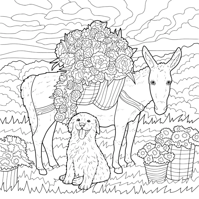 Donkey with Flowers and Puppy