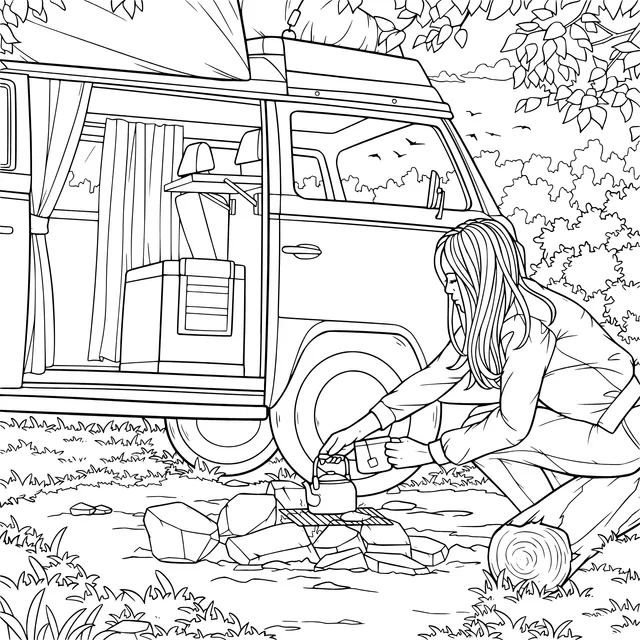 Woman cooking at a campsite