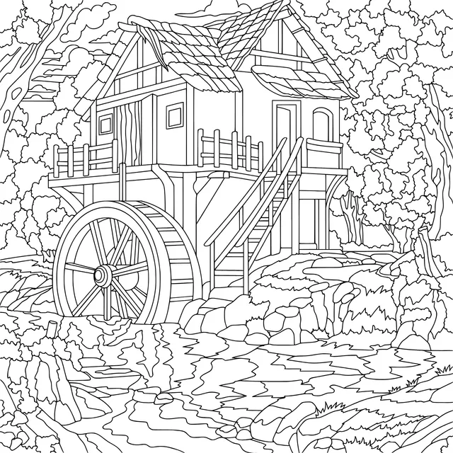 Wooden House and Water - wheel by the Stream