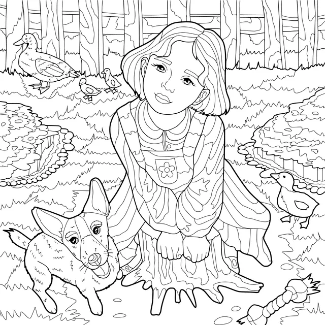 Girl with pets and ducks in the garden