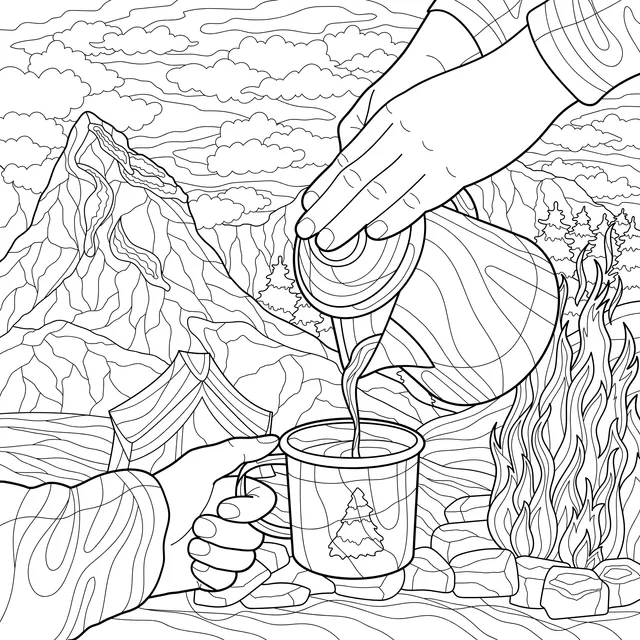 Pouring coffee by the mountain campfire