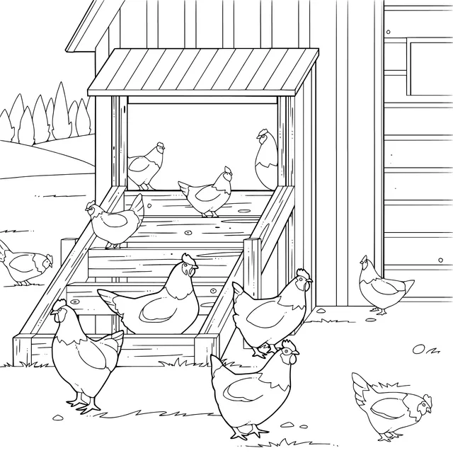 Chickens in front of the chicken coop