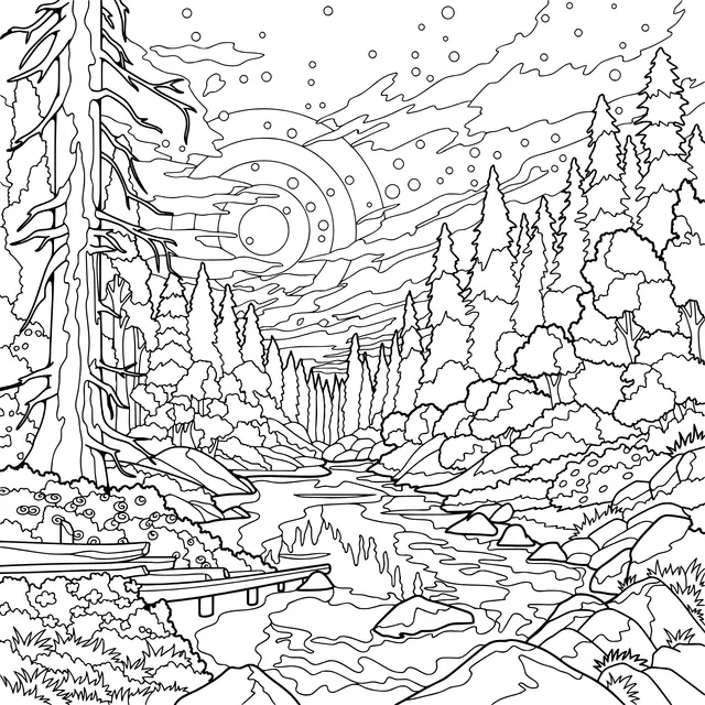Forest Stream under the Moonlit Night