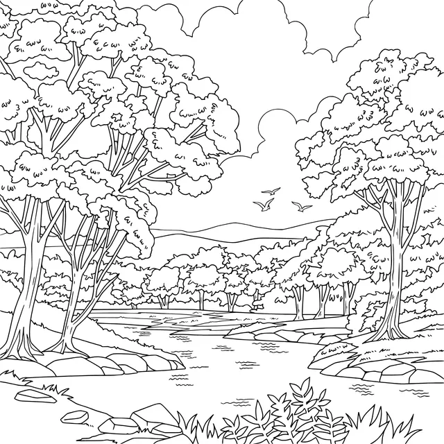 Beautiful Scenery of the Riverside Forest